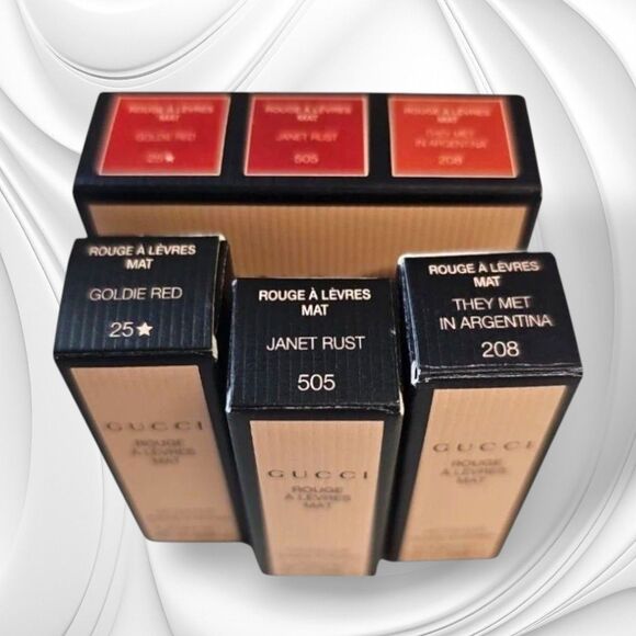 Last Price! RARE, New GUCCI Mini Matte Lipstick Trio Set Goldie Red Janet Rust - Picture 2 of 5